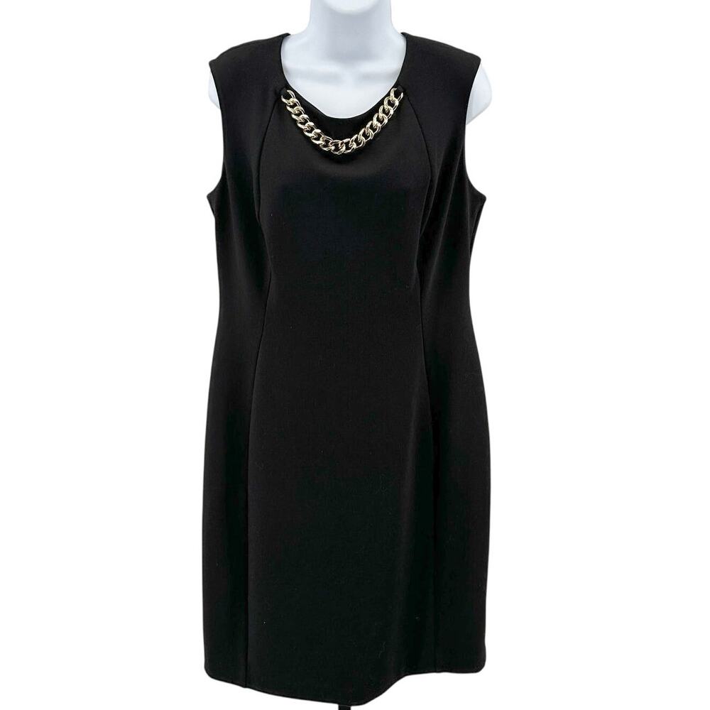 Calvin Klein Dress WMNS 12 Black W/ Chain At Neckline Sleeveless Sheath Stretch